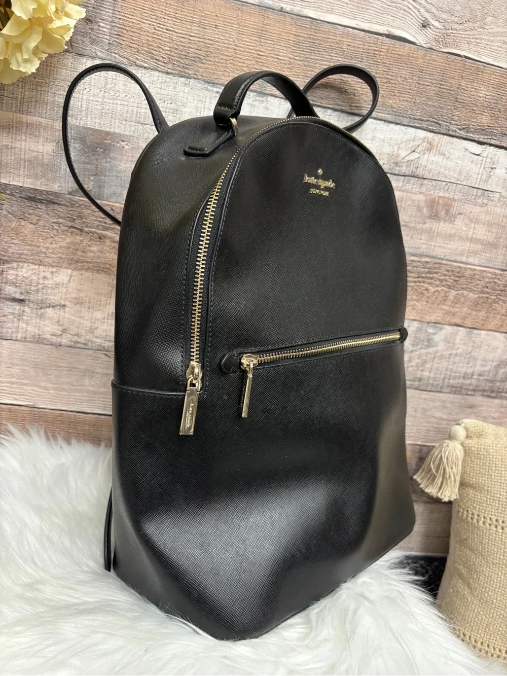 Kate Spade Black Leather Medium Backpack w/ Gold